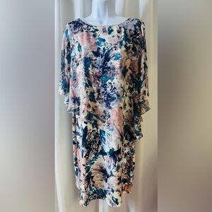 MSK Rhinestone Trim Cape Overlay Dress Blue/Pink Floral Sleeveless Stretch Sz L